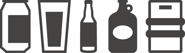 icons representing the different formants of available beer you can get, including cans, draft pints, 22oz bottles, growlers, and kegs