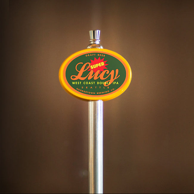 Beer tap handle with 'Super Lucy' branding