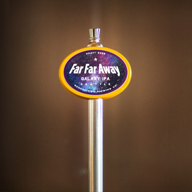beer tap handle with 'Far Far Away' label against a brown background