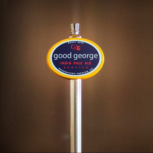 Good George India Pale Ale beer tap handle against a brown background