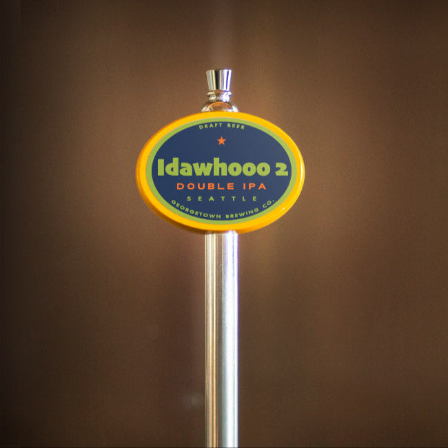Beer tap handle with 'Idawhoo 2 Double IPA' label on a blurred background