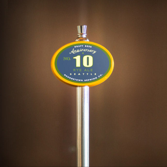 beer tap handle with No. 10 Rye ale label on a brown background