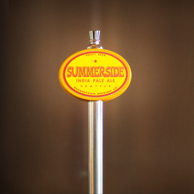 Summerside India Pale Ale tap handle against a brown background