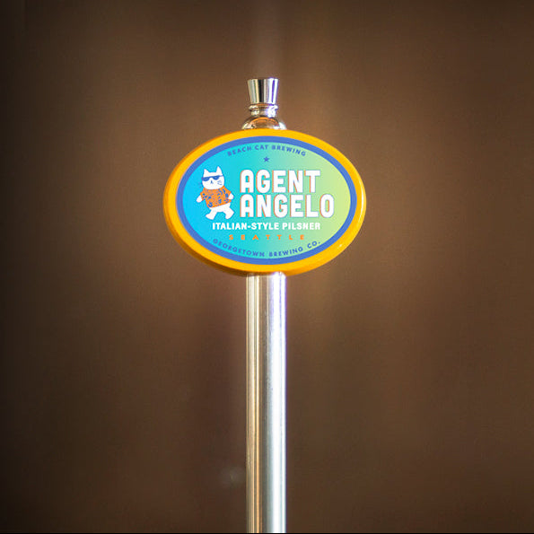 Metallic tap handle with 'Agent Angelo' branding 