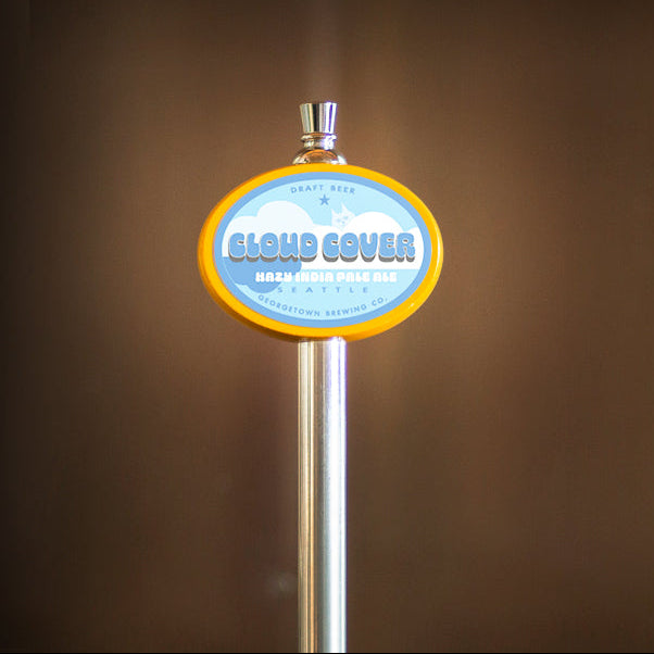 tap handle in soft blue colors for Cloud Cover Hazy IPA
