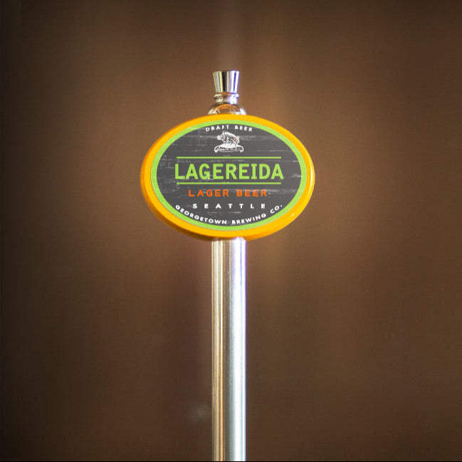 Lagereida beer tap handle on a brown background